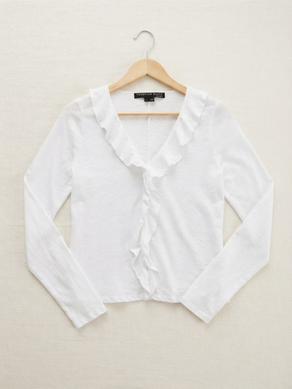 Veronica Beard Jeans White Ruffle V-Neck Long Sleeve Top Size S